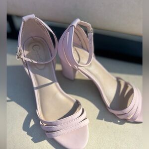 Blush pink, block heel, ankle strap sandals